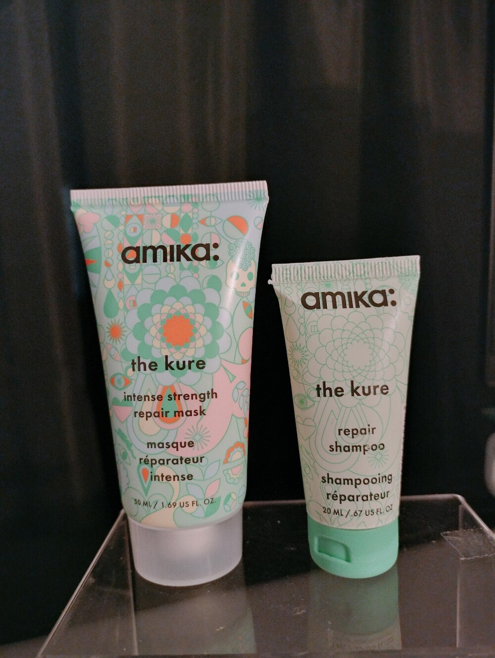 amika The Kure Repair Mask & Mini Repair Shampoo - Mint Green with Coral Accents